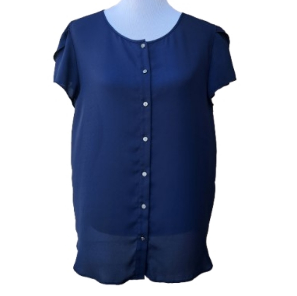 Ann Taylor Dark Navy Button-Up Blouse Short Tulip Sleeves 458801 Sheer Solid